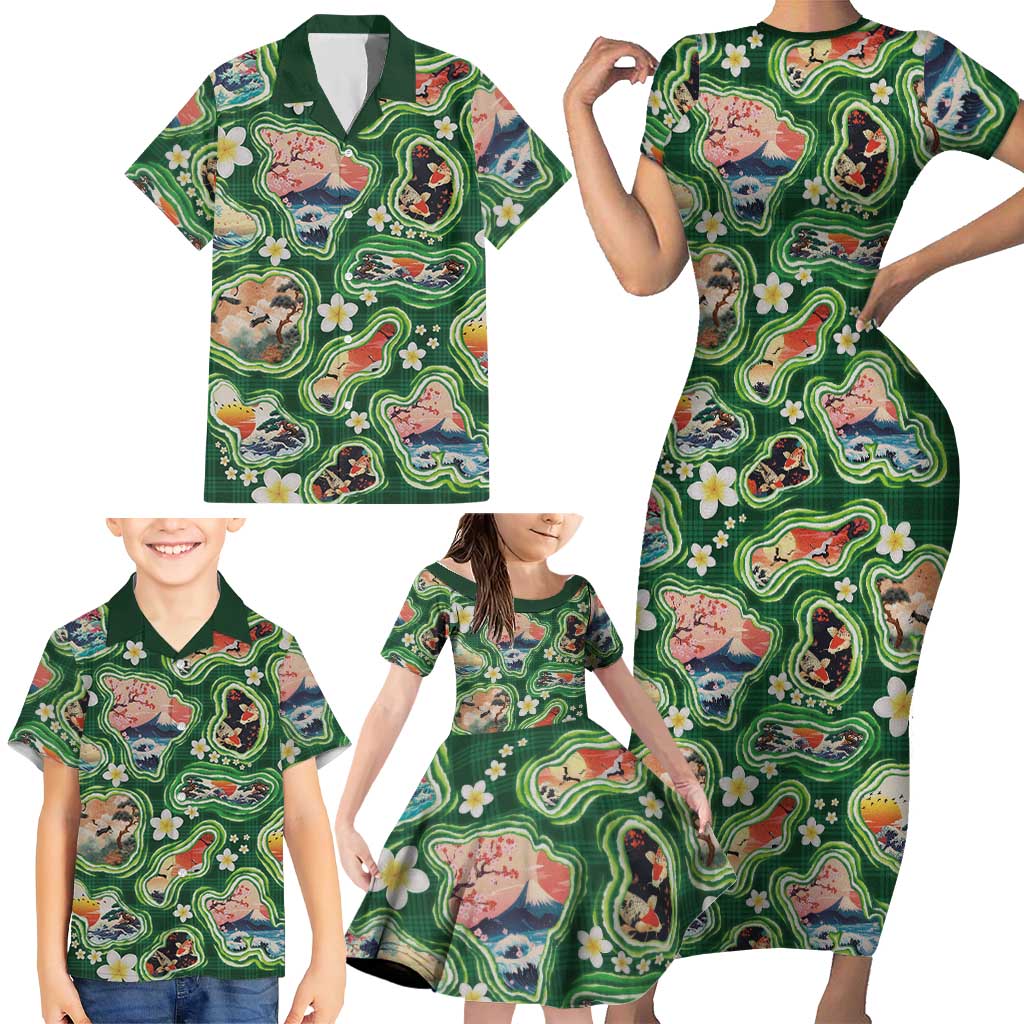 Hawaiian and Japanese Culture Together Family Matching Short Sleeve Bodycon Dress and Hawaiian Shirt Hawaiian Island Shapes with Japanese Landscape Green Color