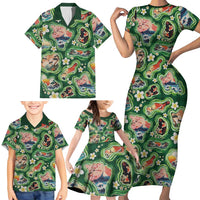 Hawaiian and Japanese Culture Together Family Matching Short Sleeve Bodycon Dress and Hawaiian Shirt Hawaiian Island Shapes with Japanese Landscape Green Color