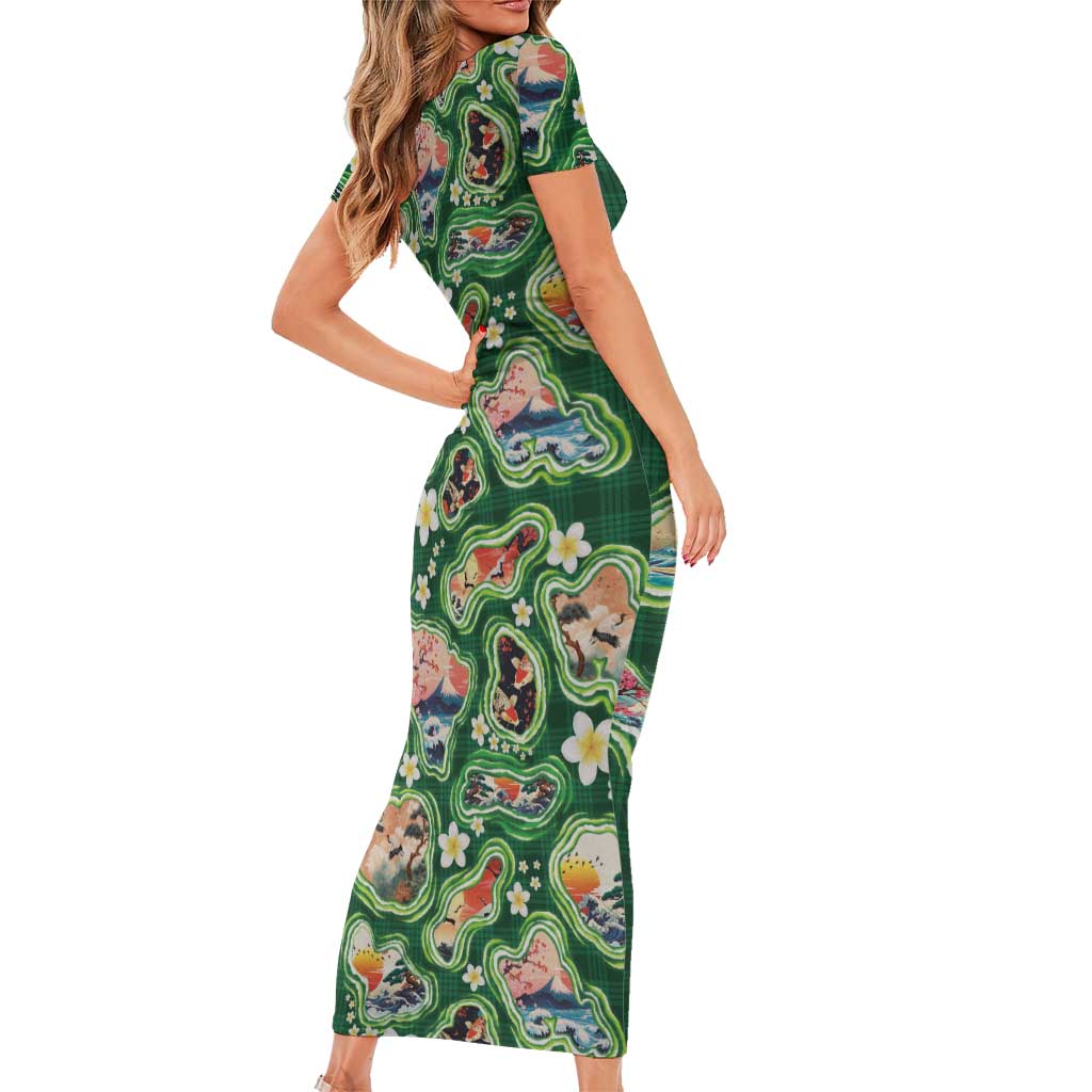 Hawaiian and Japanese Culture Together Family Matching Short Sleeve Bodycon Dress and Hawaiian Shirt Hawaiian Island Shapes with Japanese Landscape Green Color