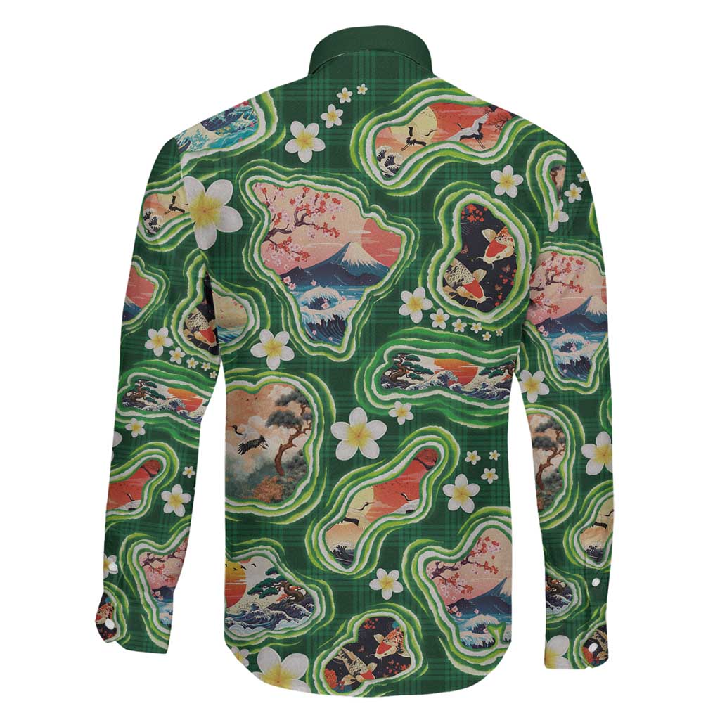 Hawaiian and Japanese Culture Together Family Matching Summer Maxi Dress and Hawaiian Shirt Hawaiian Island Shapes with Japanese Landscape Green Color