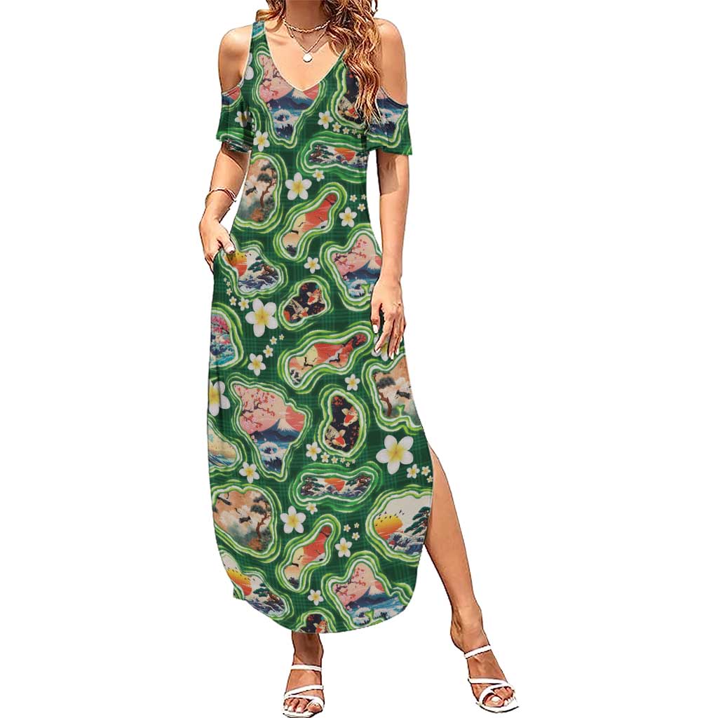 Hawaiian and Japanese Culture Together Family Matching Summer Maxi Dress and Hawaiian Shirt Hawaiian Island Shapes with Japanese Landscape Green Color