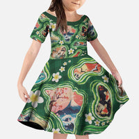 Hawaiian and Japanese Culture Together Family Matching Tank Maxi Dress and Hawaiian Shirt Hawaiian Island Shapes with Japanese Landscape Green Color