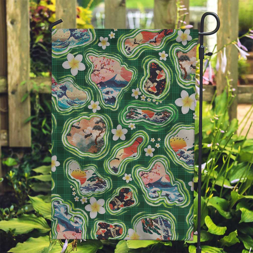 Hawaiian and Japanese Culture Together Garden Flag Hawaiian Island Shapes with Japanese Landscape Green Color