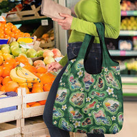 Hawaiian and Japanese Culture Together Grocery Bag Hawaiian Island Shapes with Japanese Landscape Green Color
