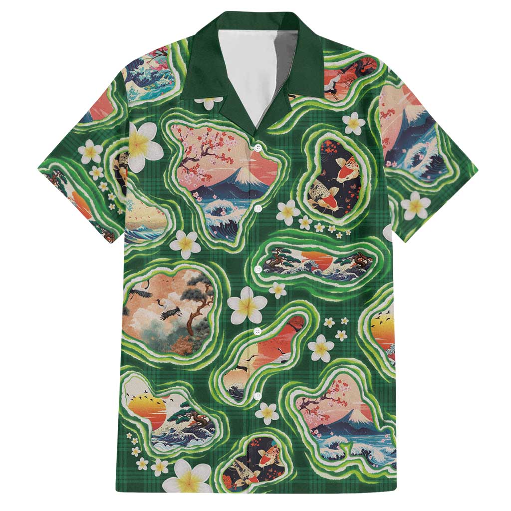 Hawaiian and Japanese Culture Together Hawaiian Shirt Hawaiian Island Shapes with Japanese Landscape Green Color