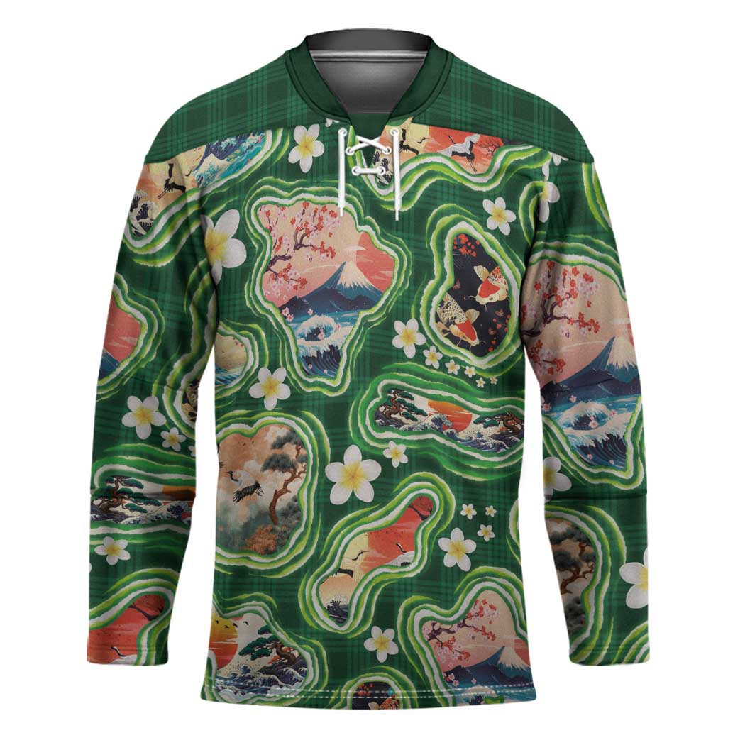 Hawaiian and Japanese Culture Together Hockey Jersey Hawaiian Island Shapes with Japanese Landscape Green Color