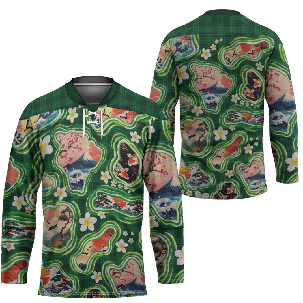 Hawaiian and Japanese Culture Together Hockey Jersey Hawaiian Island Shapes with Japanese Landscape Green Color