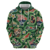 Hawaiian and Japanese Culture Together Hoodie Hawaiian Island Shapes with Japanese Landscape Green Color