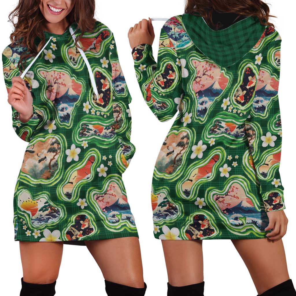 Hawaiian and Japanese Culture Together Hoodie Dress Hawaiian Island Shapes with Japanese Landscape Green Color