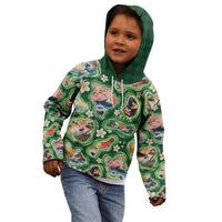 Hawaiian and Japanese Culture Together Kid Hoodie Hawaiian Island Shapes with Japanese Landscape Green Color