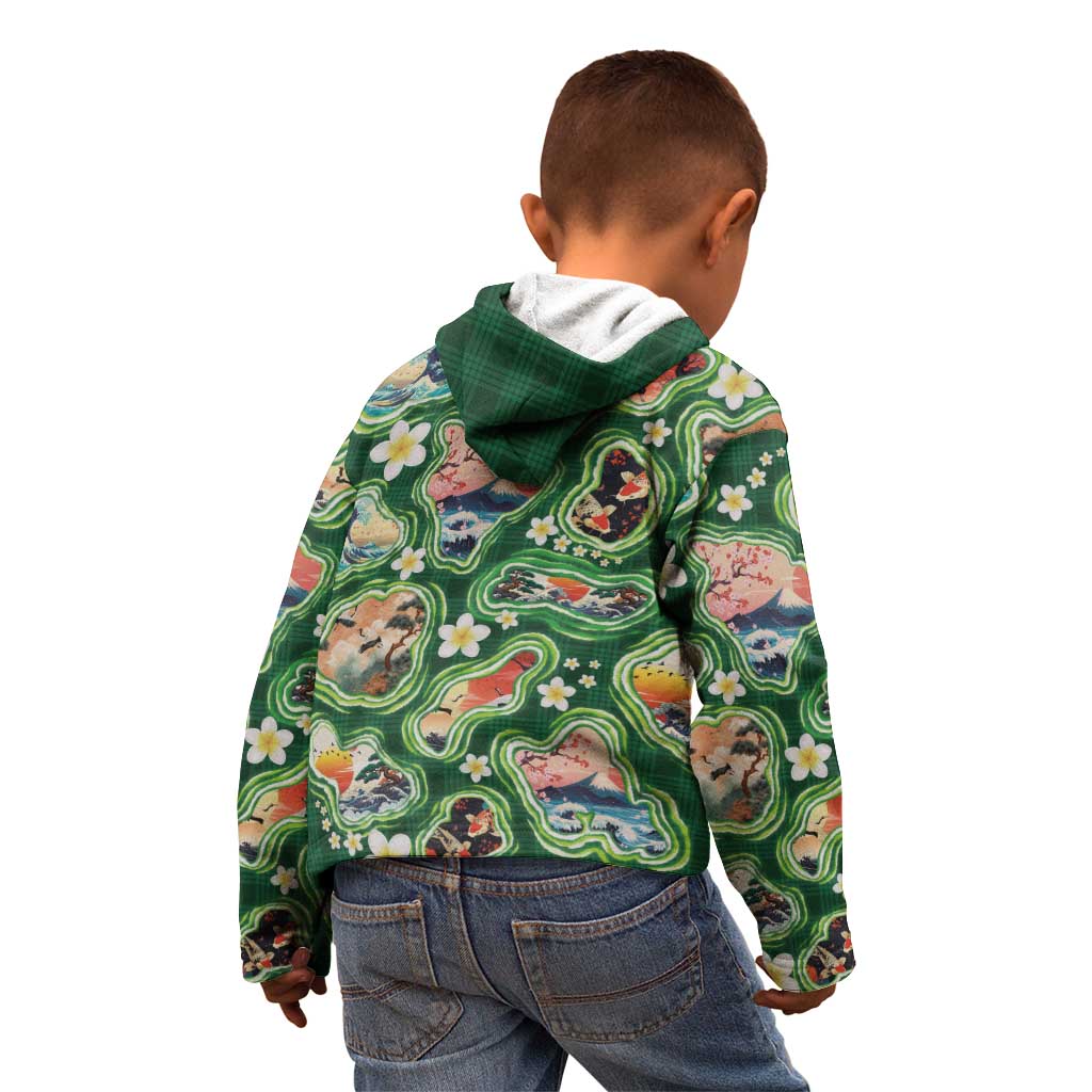 Hawaiian and Japanese Culture Together Kid Hoodie Hawaiian Island Shapes with Japanese Landscape Green Color