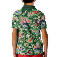 Hawaiian and Japanese Culture Together Kid Polo Shirt Hawaiian Island Shapes with Japanese Landscape Green Color