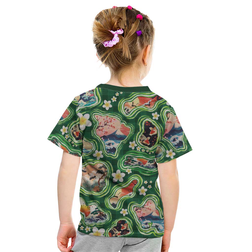 Hawaiian and Japanese Culture Together Kid T Shirt Hawaiian Island Shapes with Japanese Landscape Green Color