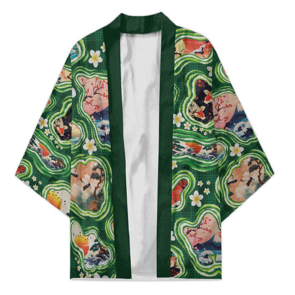 Hawaiian and Japanese Culture Together Kimono Hawaiian Island Shapes with Japanese Landscape Green Color