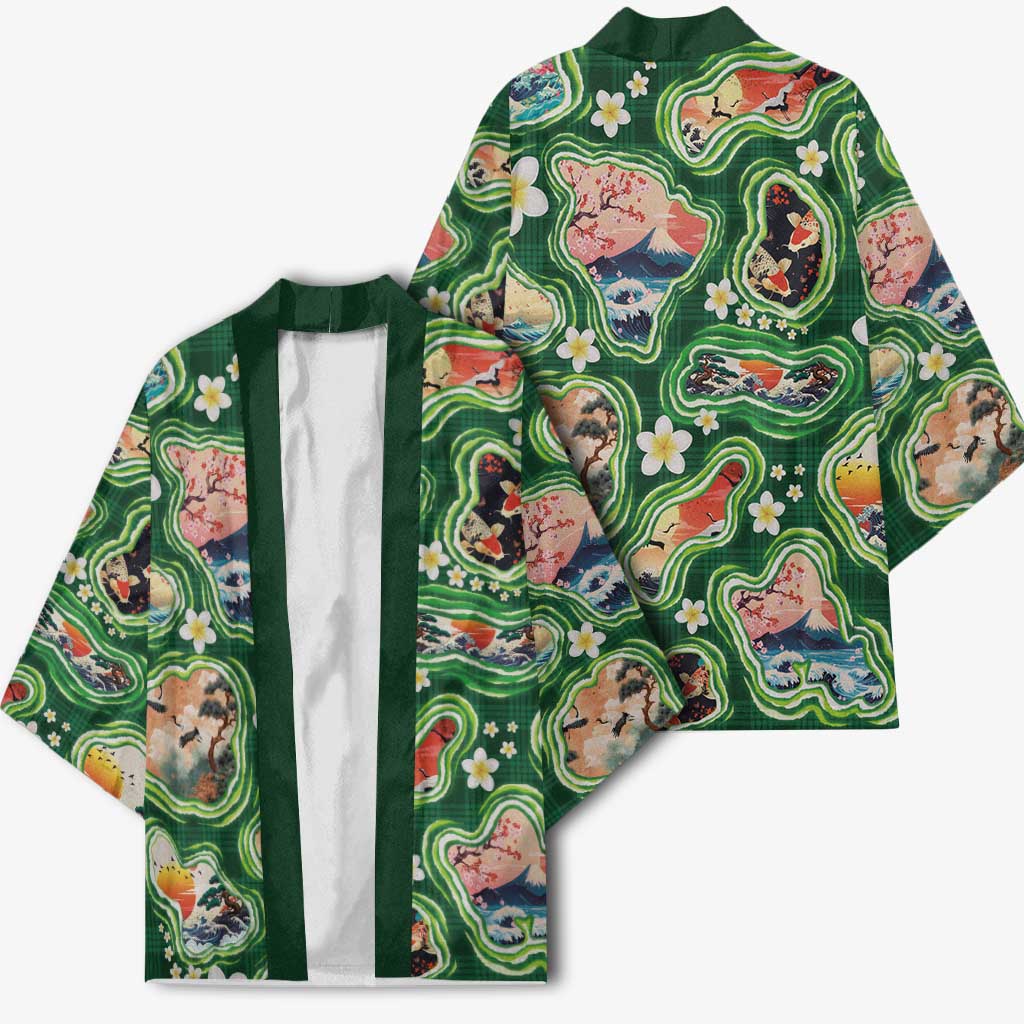 Hawaiian and Japanese Culture Together Kimono Hawaiian Island Shapes with Japanese Landscape Green Color