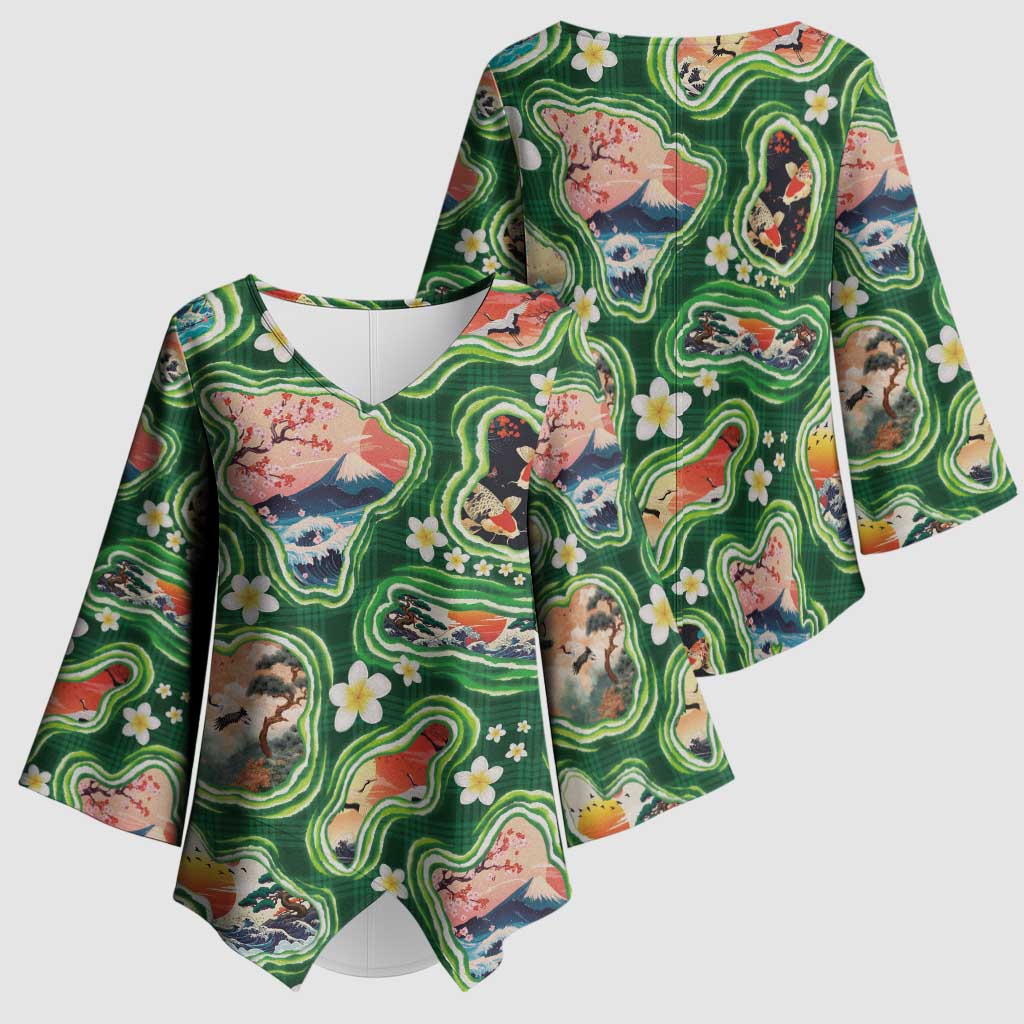 Hawaiian and Japanese Culture Together Kimono Sleeve Blouse Hawaiian Island Shapes with Japanese Landscape Green Color