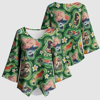 Hawaiian and Japanese Culture Together Kimono Sleeve Blouse Hawaiian Island Shapes with Japanese Landscape Green Color