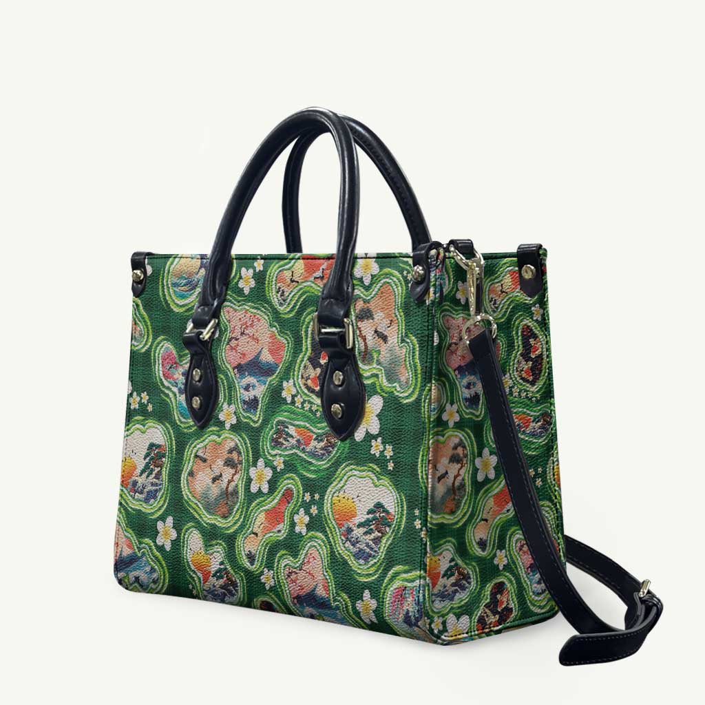 Hawaiian and Japanese Culture Together Leather Bag Hawaiian Island Shapes with Japanese Landscape Green Color