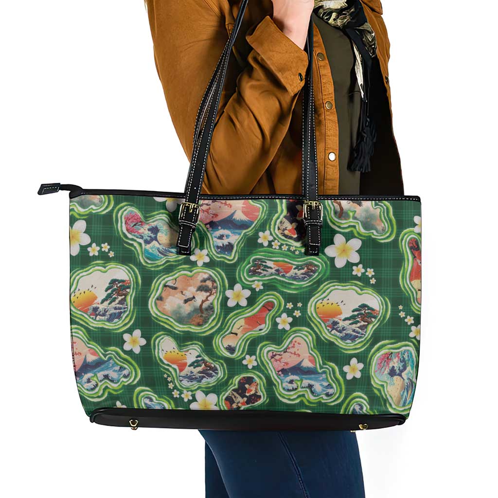 Hawaiian and Japanese Culture Together Leather Tote Bag Hawaiian Island Shapes with Japanese Landscape Green Color