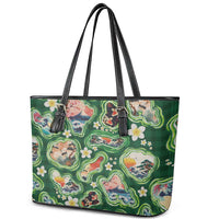 Hawaiian and Japanese Culture Together Leather Tote Bag Hawaiian Island Shapes with Japanese Landscape Green Color