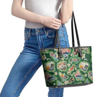 Hawaiian and Japanese Culture Together Leather Tote Bag Hawaiian Island Shapes with Japanese Landscape Green Color