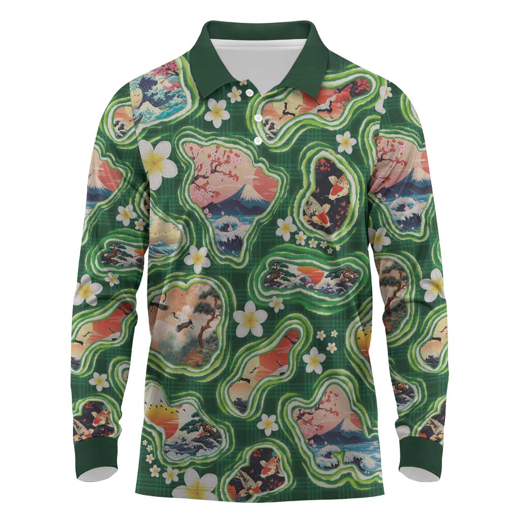 Hawaiian and Japanese Culture Together Long Sleeve Polo Shirt Hawaiian Island Shapes with Japanese Landscape Green Color LT03 Green - Polynesian Pride