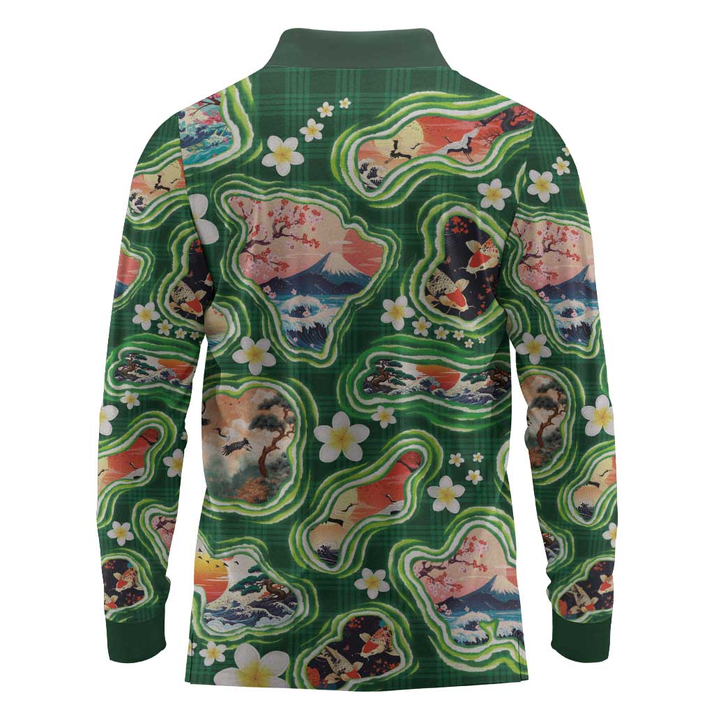Hawaiian and Japanese Culture Together Long Sleeve Polo Shirt Hawaiian Island Shapes with Japanese Landscape Green Color LT03 - Polynesian Pride