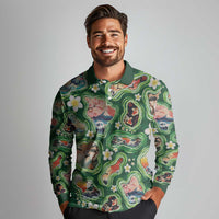 Hawaiian and Japanese Culture Together Long Sleeve Polo Shirt Hawaiian Island Shapes with Japanese Landscape Green Color LT03 - Polynesian Pride