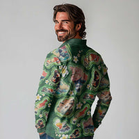 Hawaiian and Japanese Culture Together Long Sleeve Polo Shirt Hawaiian Island Shapes with Japanese Landscape Green Color LT03 - Polynesian Pride