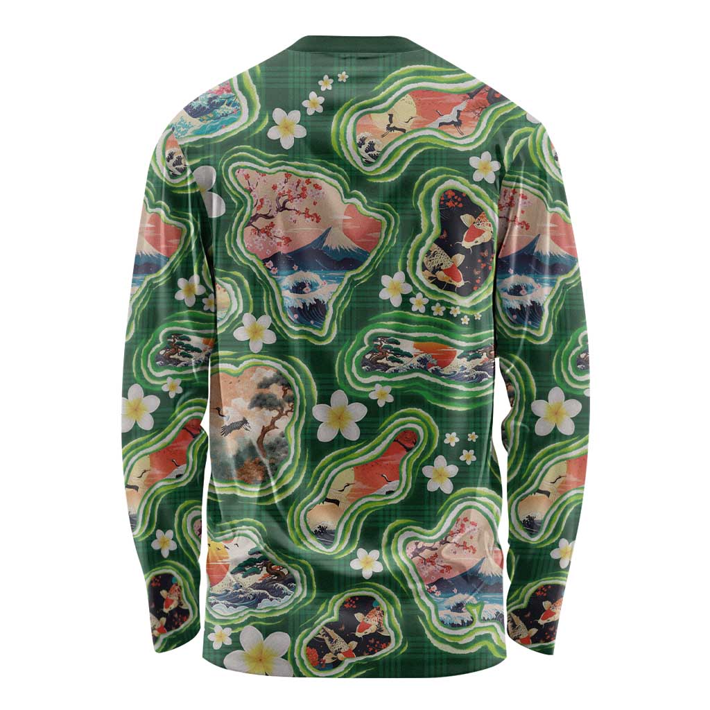 Hawaiian and Japanese Culture Together Long Sleeve Shirt Hawaiian Island Shapes with Japanese Landscape Green Color