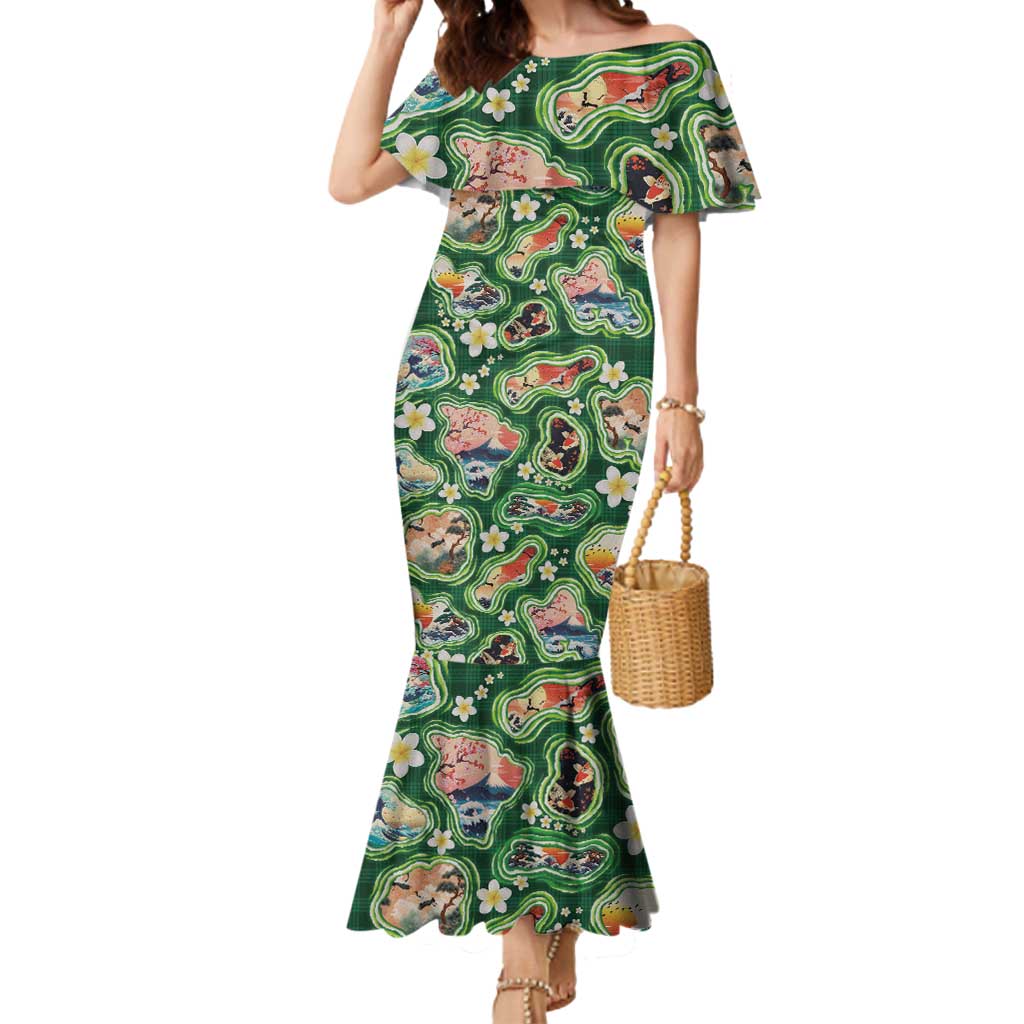 Hawaiian and Japanese Culture Together Mermaid Dress Hawaiian Island Shapes with Japanese Landscape Green Color