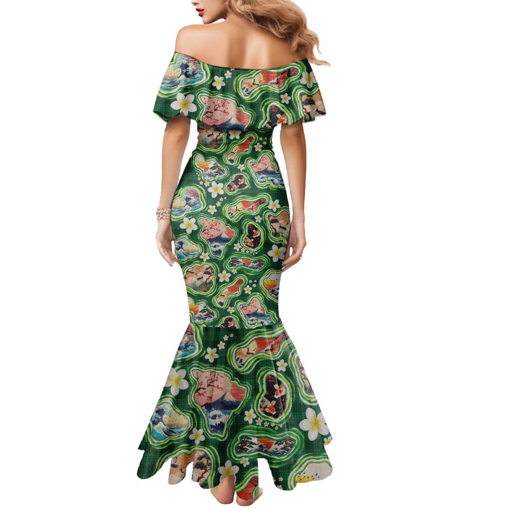 Hawaiian and Japanese Culture Together Mermaid Dress Hawaiian Island Shapes with Japanese Landscape Green Color