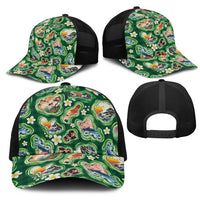 Hawaiian and Japanese Culture Together Mesh Trucker Cap Hawaiian Island Shapes with Japanese Landscape Green Color