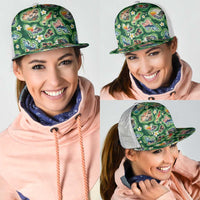 Hawaiian and Japanese Culture Together Mesh Trucker Cap Hawaiian Island Shapes with Japanese Landscape Green Color