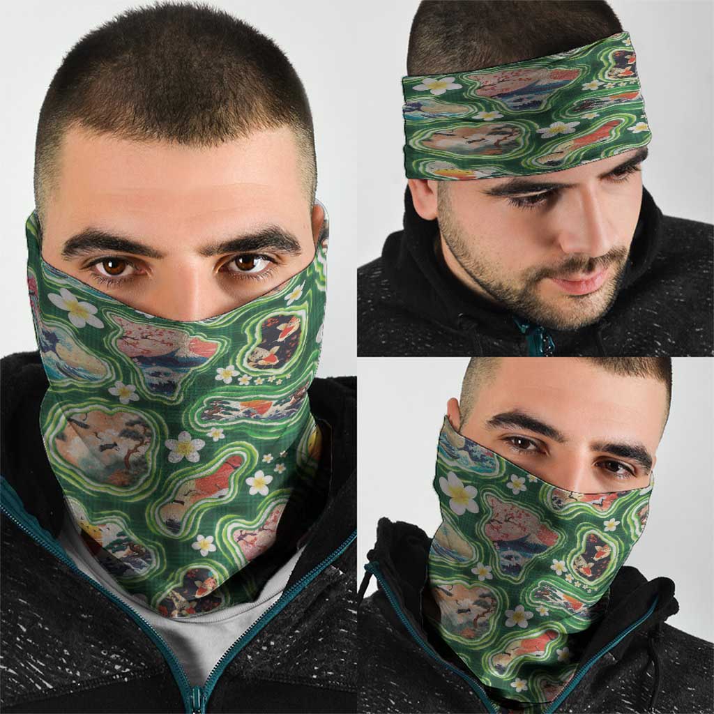 Hawaiian and Japanese Culture Together Neck Gaiter Hawaiian Island Shapes with Japanese Landscape Green Color