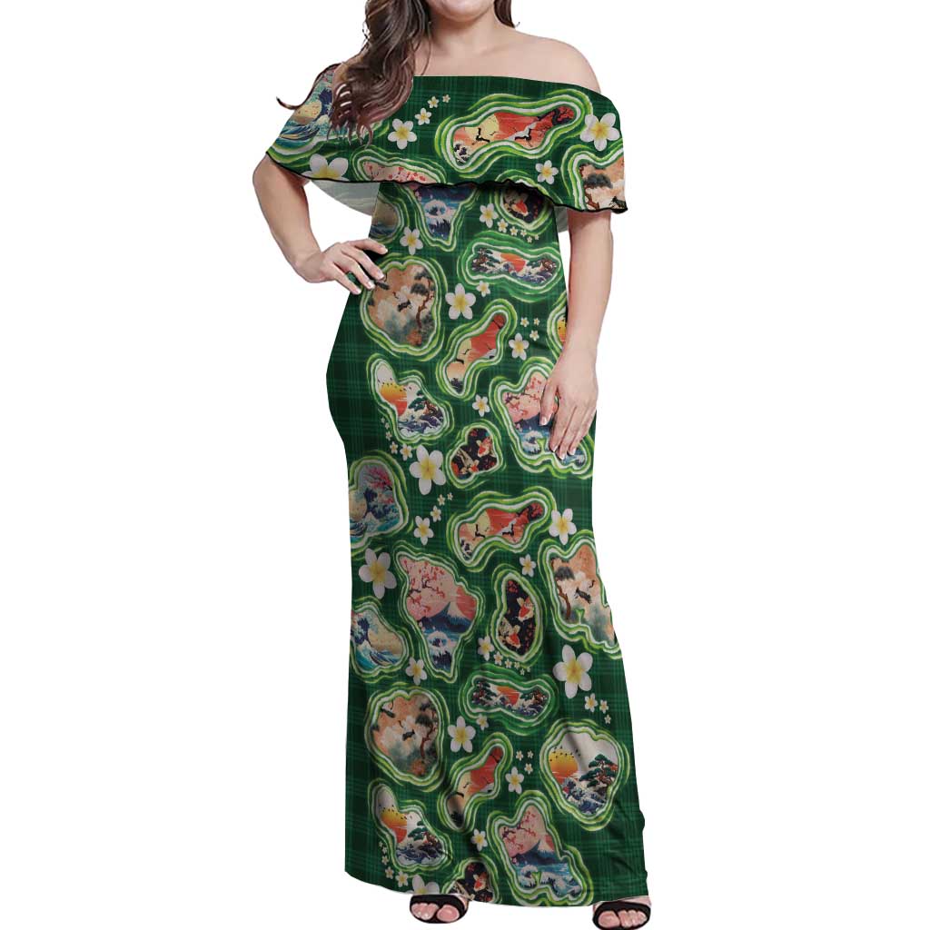 Hawaiian and Japanese Culture Together Off Shoulder Maxi Dress Hawaiian Island Shapes with Japanese Landscape Green Color