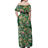 Hawaiian and Japanese Culture Together Off Shoulder Maxi Dress Hawaiian Island Shapes with Japanese Landscape Green Color