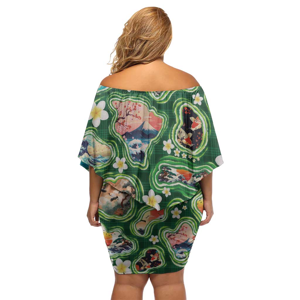 Hawaiian and Japanese Culture Together Off Shoulder Short Dress Hawaiian Island Shapes with Japanese Landscape Green Color