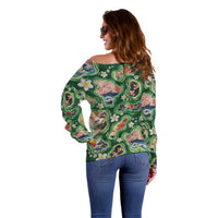 Hawaiian and Japanese Culture Together Off Shoulder Sweater Hawaiian Island Shapes with Japanese Landscape Green Color