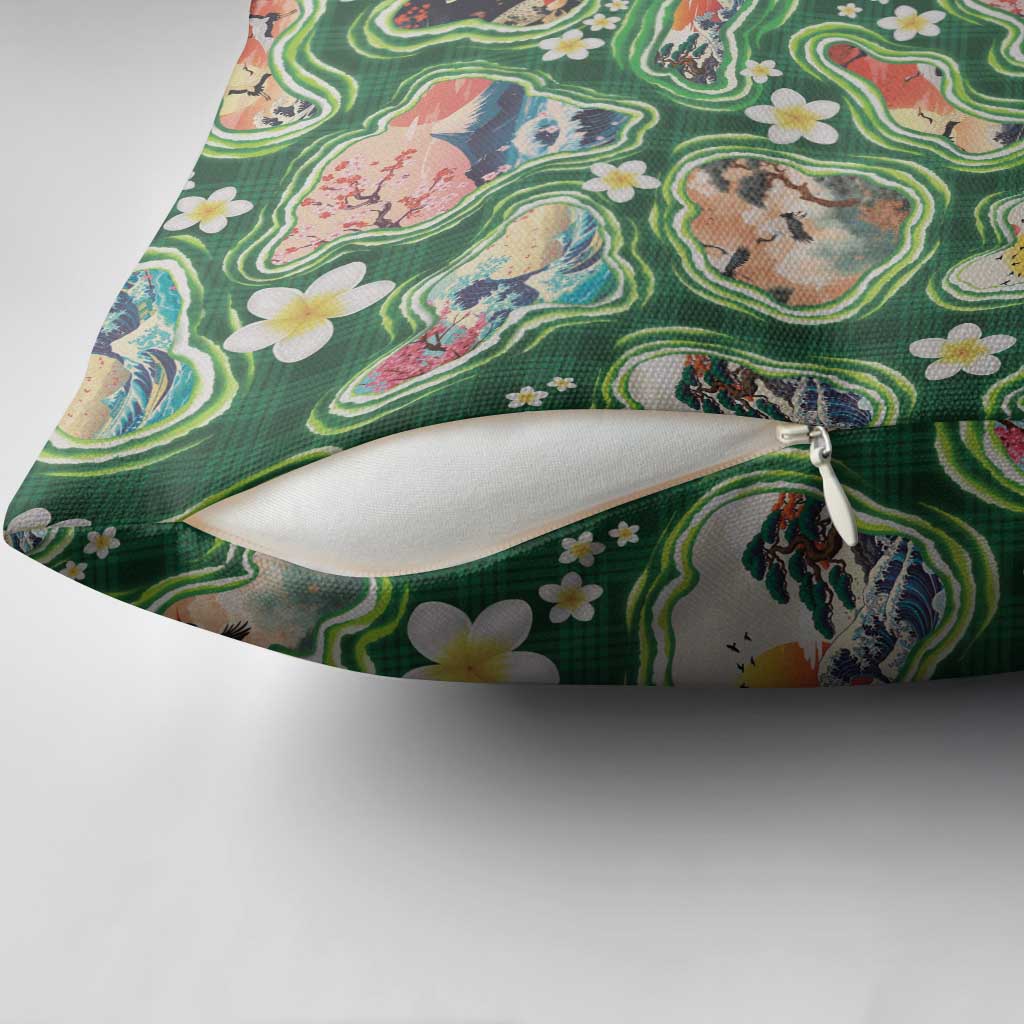 Hawaiian and Japanese Culture Together Pillow Cover Hawaiian Island Shapes with Japanese Landscape Green Color