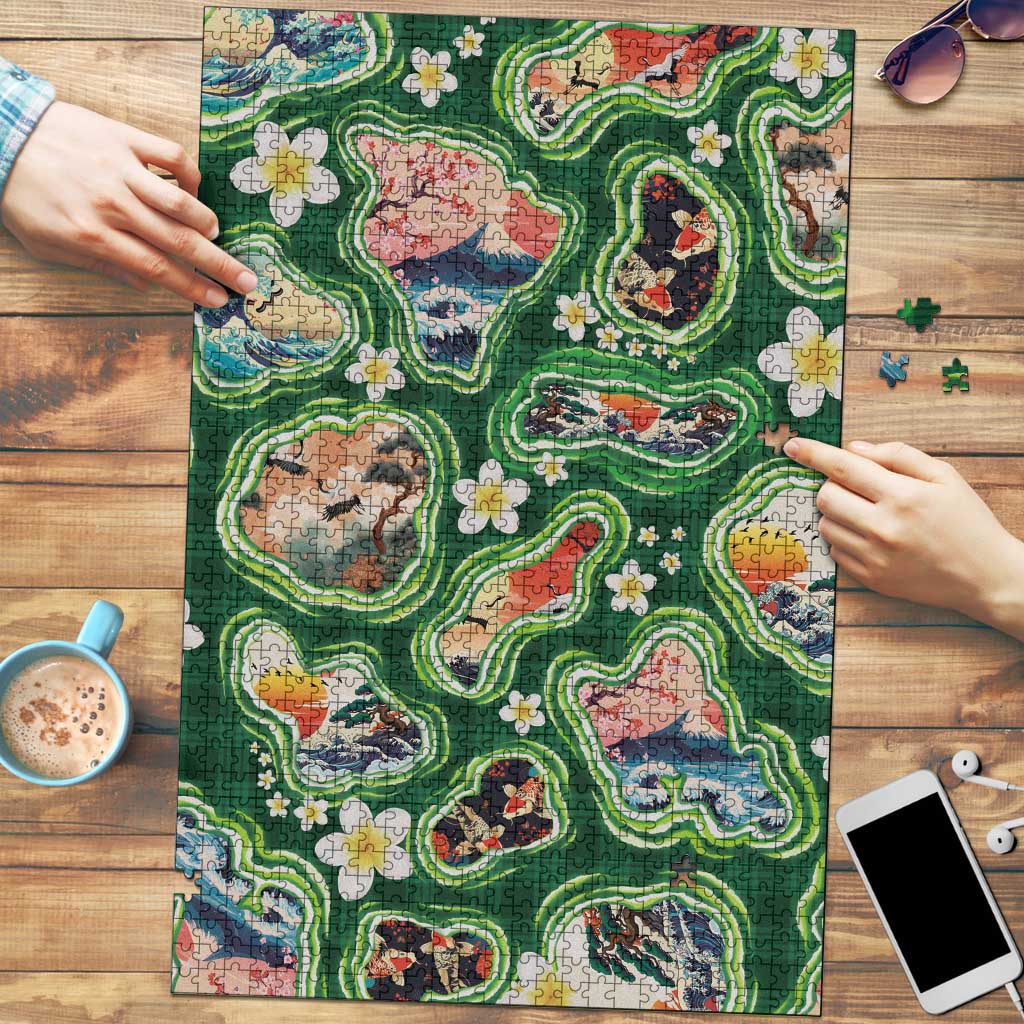 Hawaiian and Japanese Culture Together Puzzle Hawaiian Island Shapes with Japanese Landscape Green Color