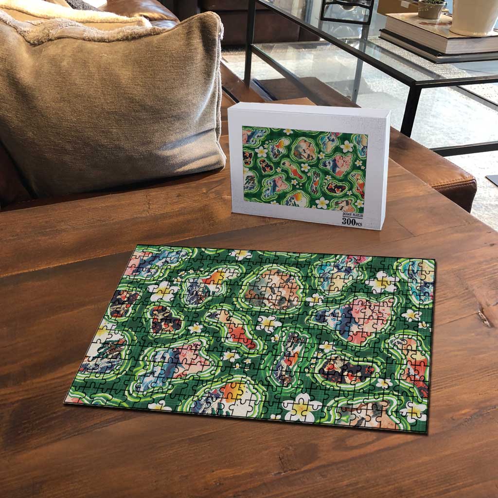Hawaiian and Japanese Culture Together Puzzle Hawaiian Island Shapes with Japanese Landscape Green Color