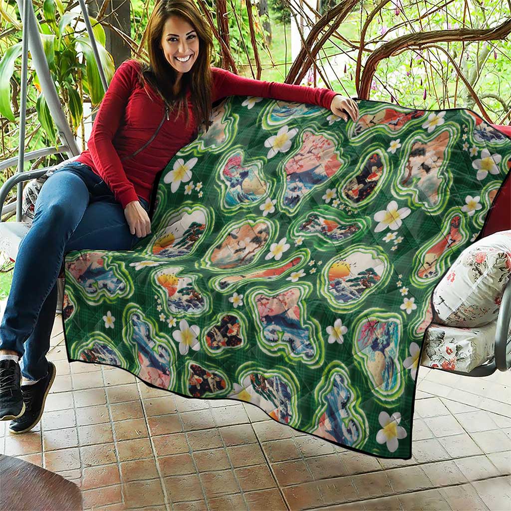 Hawaiian and Japanese Culture Together Quilt Hawaiian Island Shapes with Japanese Landscape Green Color