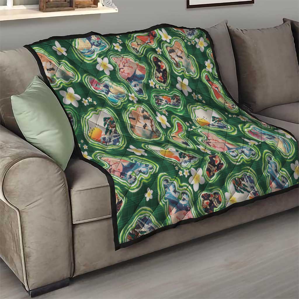 Hawaiian and Japanese Culture Together Quilt Hawaiian Island Shapes with Japanese Landscape Green Color