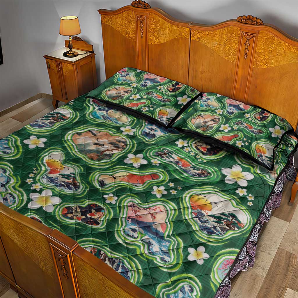 Hawaiian and Japanese Culture Together Quilt Bed Set Hawaiian Island Shapes with Japanese Landscape Green Color