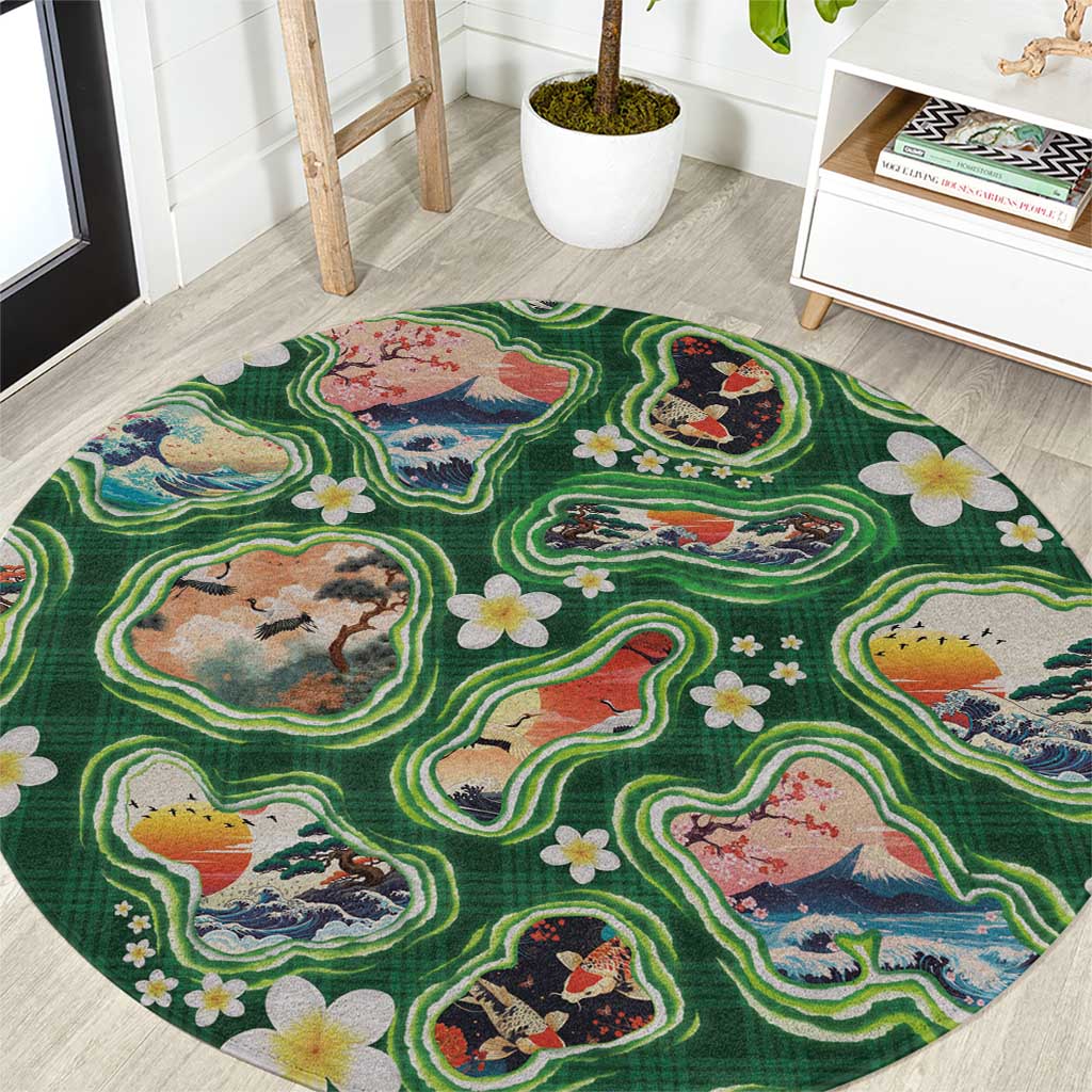 Hawaiian and Japanese Culture Together Round Carpet Hawaiian Island Shapes with Japanese Landscape Green Color