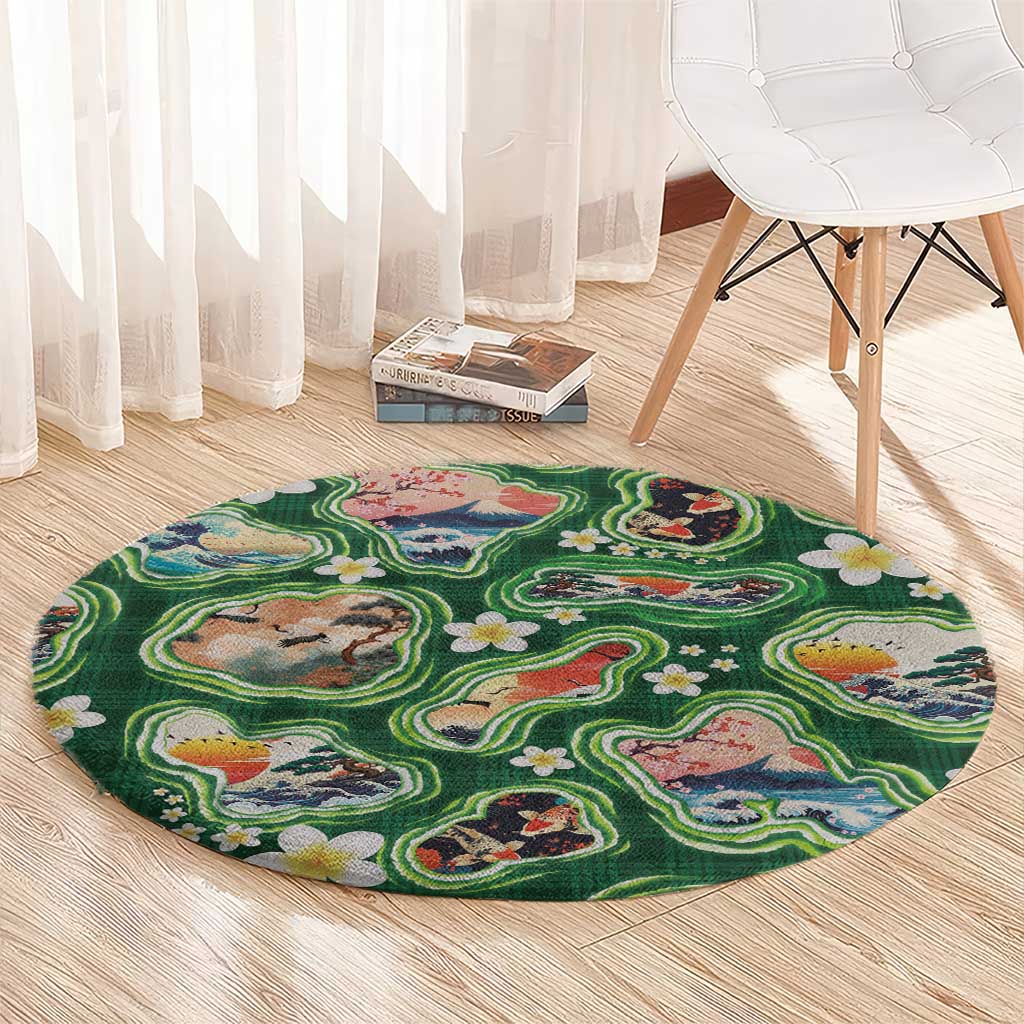 Hawaiian and Japanese Culture Together Round Carpet Hawaiian Island Shapes with Japanese Landscape Green Color