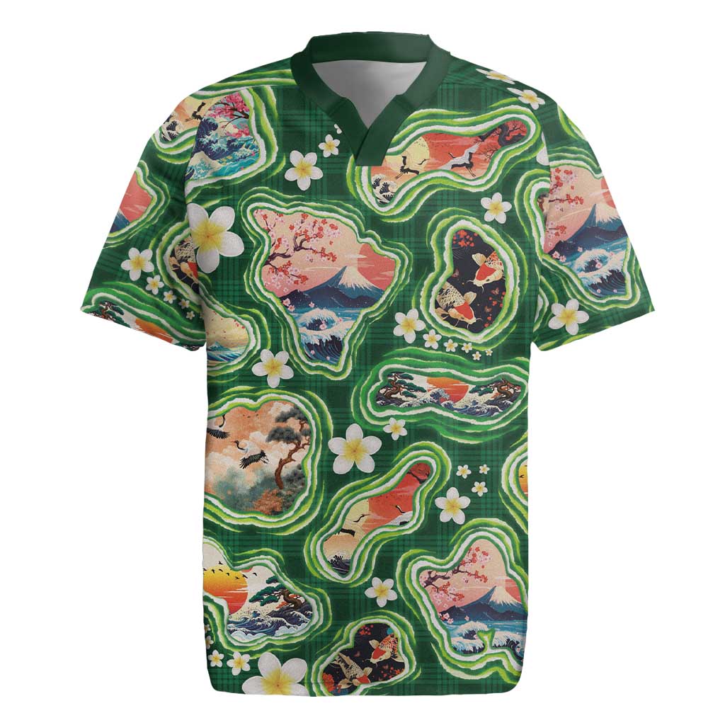 Hawaiian and Japanese Culture Together Rugby Jersey Hawaiian Island Shapes with Japanese Landscape Green Color