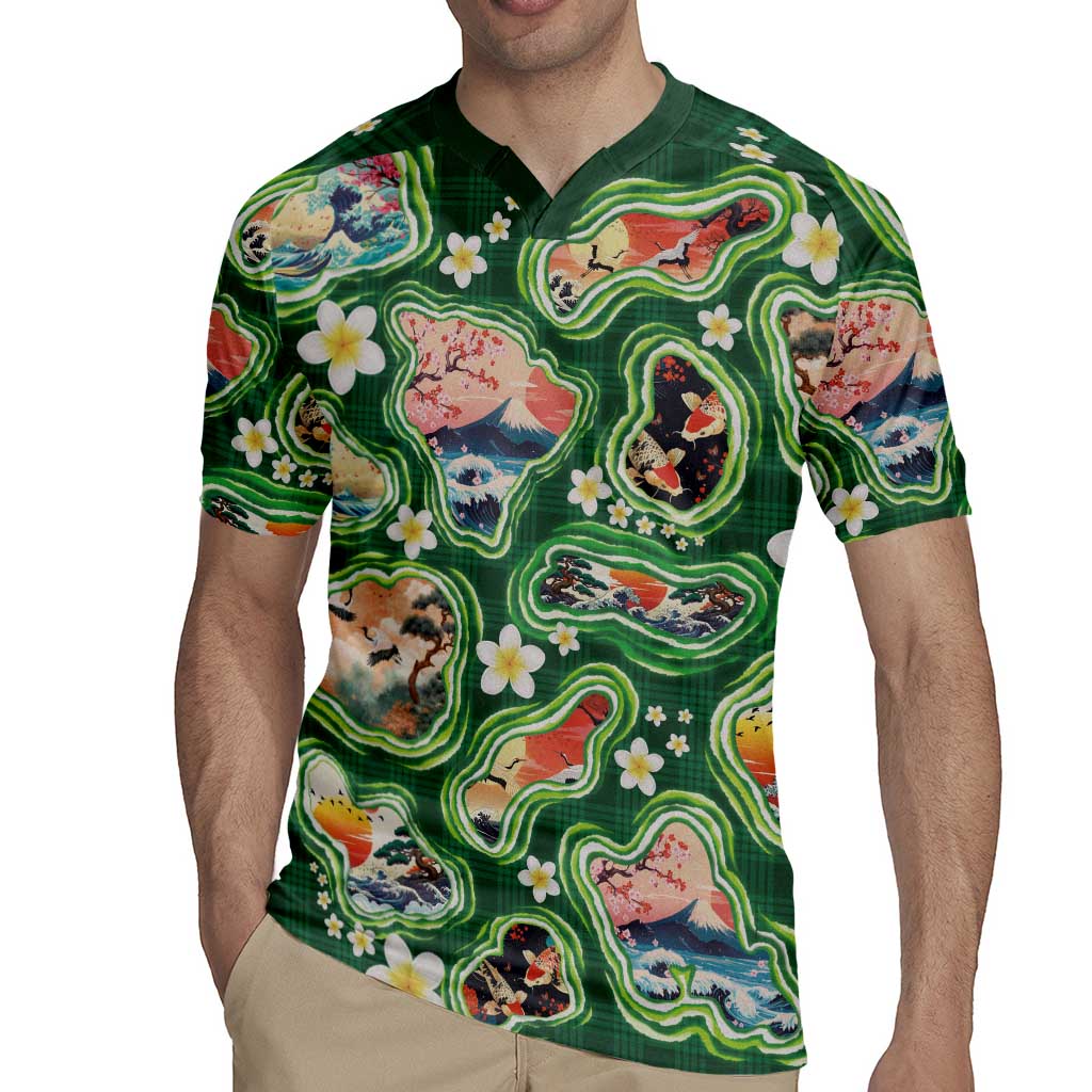 Hawaiian and Japanese Culture Together Rugby Jersey Hawaiian Island Shapes with Japanese Landscape Green Color