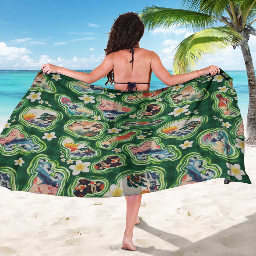Hawaiian and Japanese Culture Together Sarong Hawaiian Island Shapes with Japanese Landscape Green Color